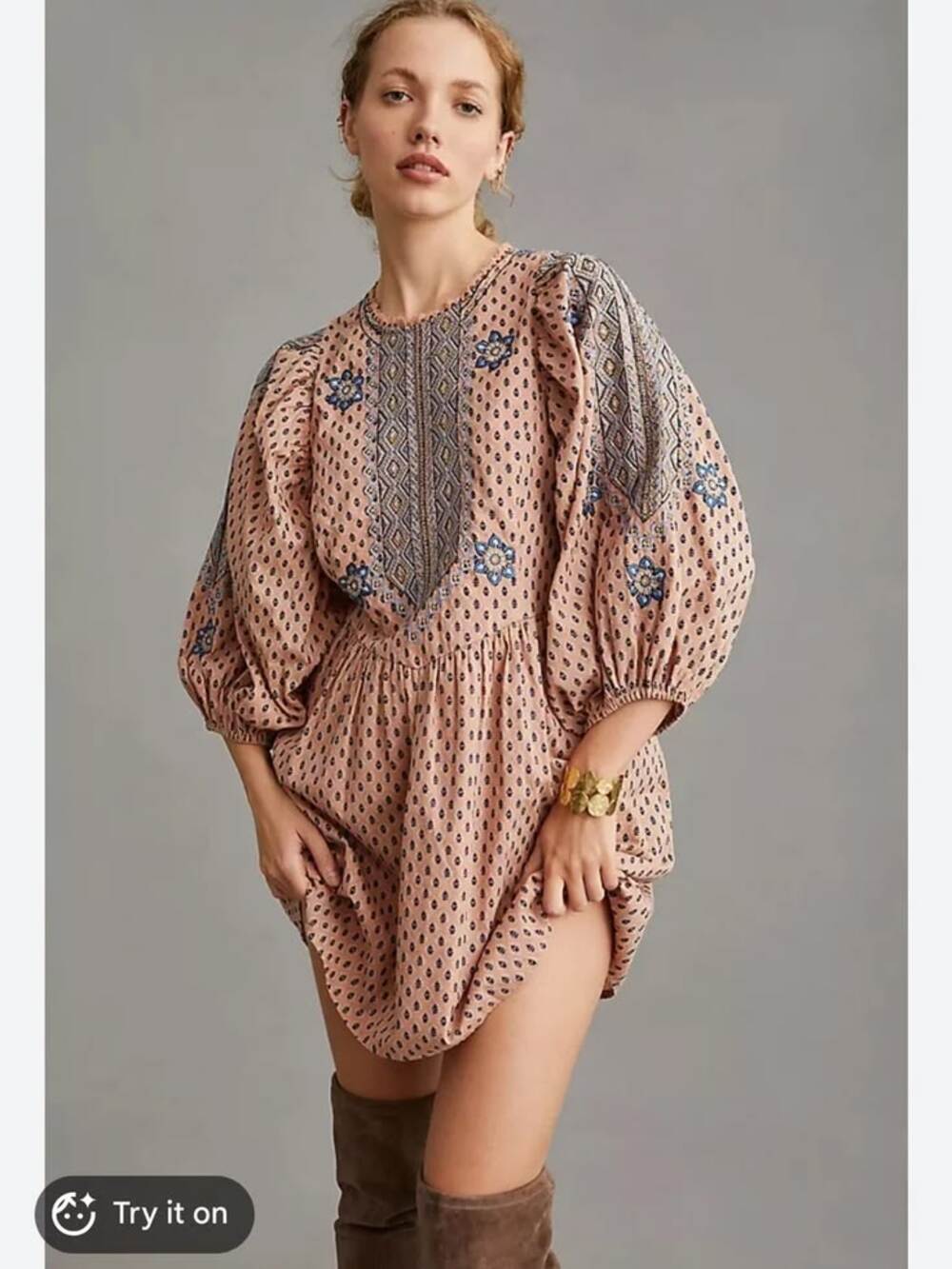 Anthropologie Embroidered Flowing Pure Cotton Puff Sleeve Tunic Dress w Pockets
